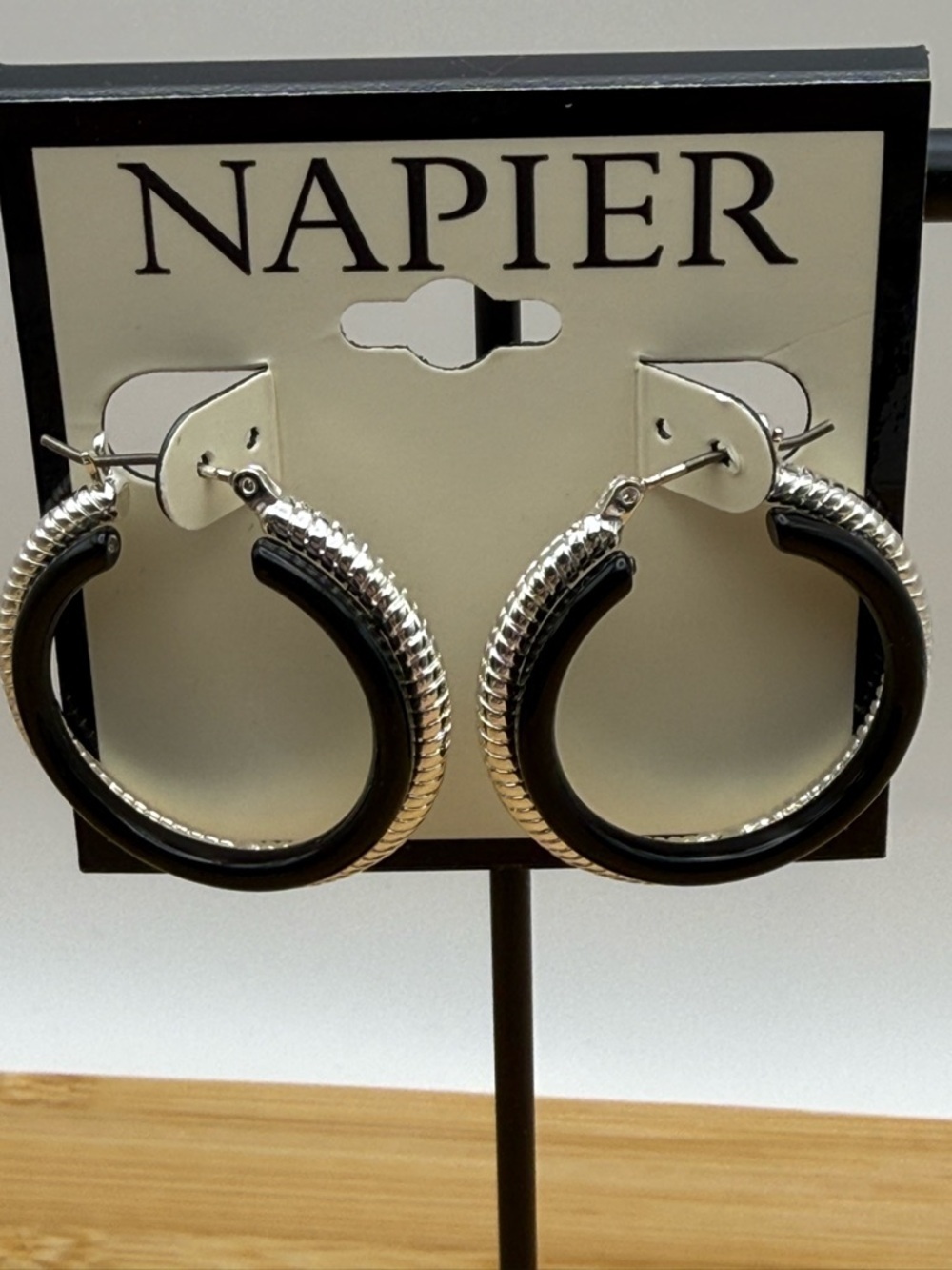 NWT Napier Black & Silver Tone Double Row Hoop Earrings